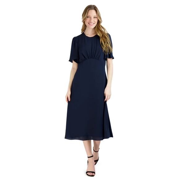Julia Jordan Navy Blue Flounce Sleeve A Line Midi Dress EUC Size 4 - Picture 1 of 8